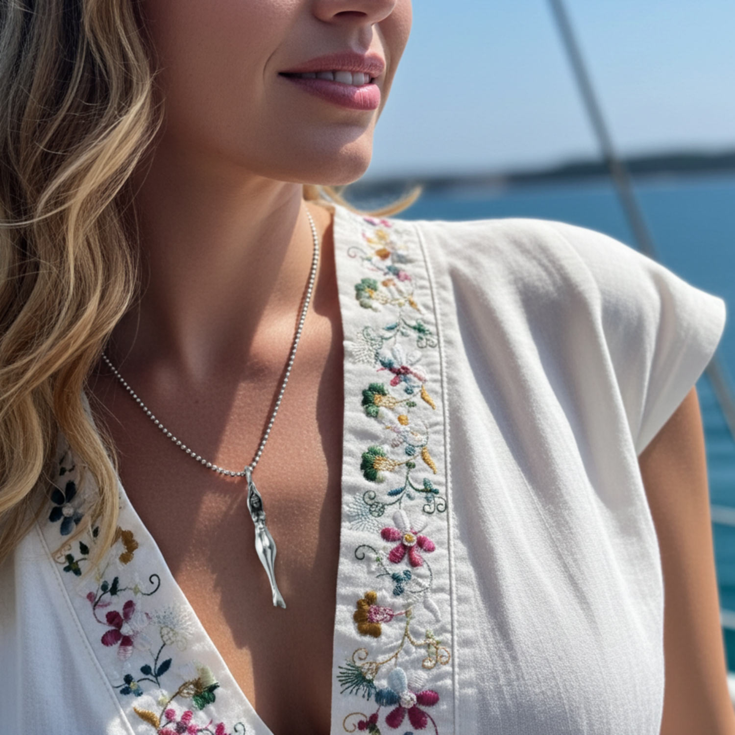 Meerjungfrau Schmuckanhänger von Neptunsgeschmeide, gefertigt in 925er-Silber. Bild zeigt Nahaufnahme im Ausschnitt einer Frau am Meer.