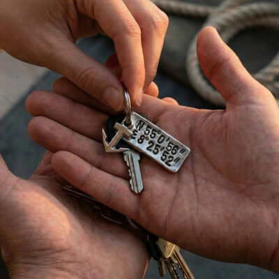 Schlüsselanhänger aus Zinn von Hand geprägt, mit Koordinaten und kleinem extra Anker am Schlüsselring, von Neptunsgeschmeide. Wird von einer Frau an Ihren Mann in die Hand überreicht.