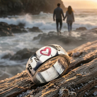Herz Koordinaten Bandring von Neptunsgeschmeide mit polierter Oberfläche und Herzsymbol mit pinker Gießharzfüllung. Liegt auf einem Treibholz am Strand, im Hintergrund ein spazierendes Paar.