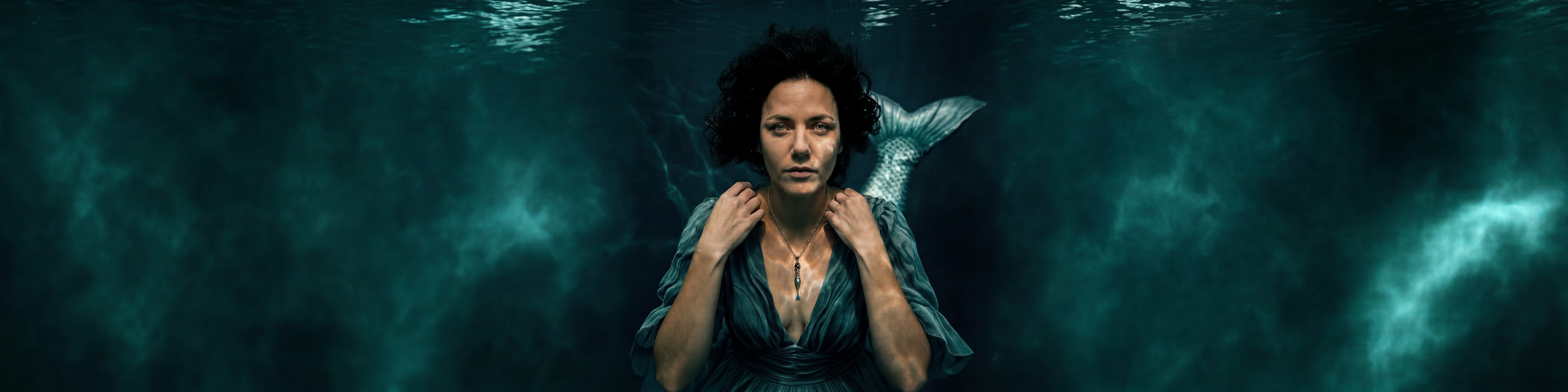 Kategoriebild zeigt den Nixen Anhänger aus Silber an einer Frau die unter Wasser schwimmt.