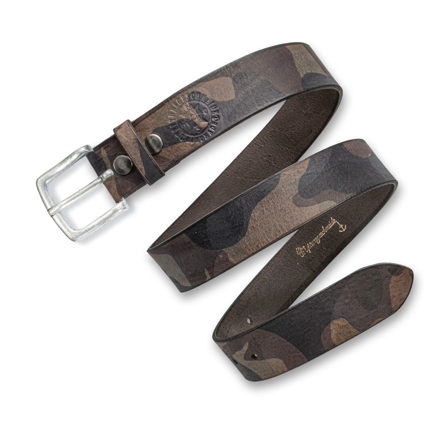 Schlichter Ledergürtel fest mit Kiel Schnalle camouflage von Neptunsgeschmeide. Abbildung des Lederriemens, feste Qualität. 4 cm Breite.