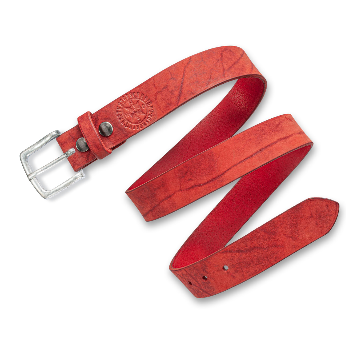 Schlichter Ledergürtel fest koralle rot mit Kile Schnalle von Neptunsgeschmeide. Abbildung des Lederriemens, feste Qualität. 4 cm Breite.