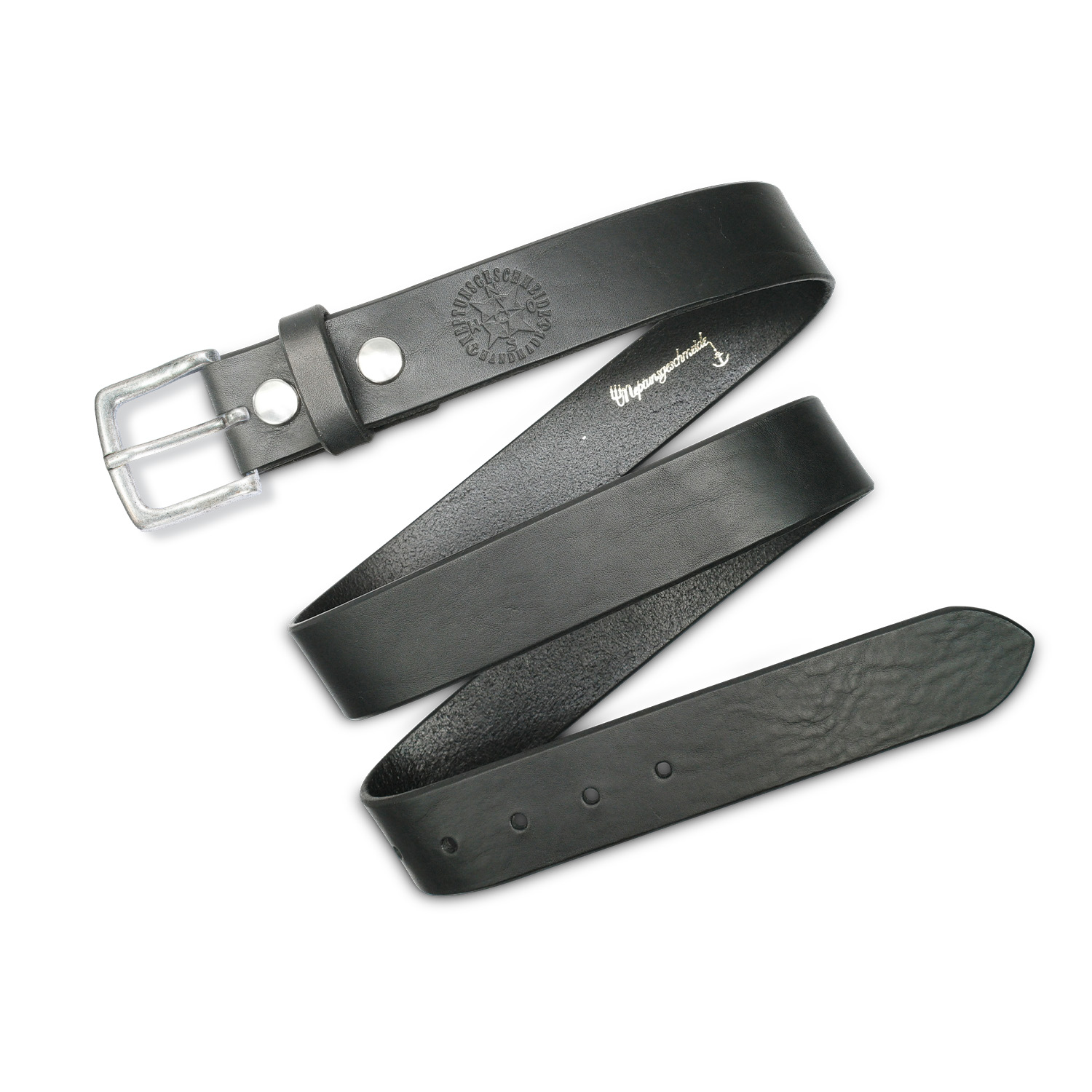 Schlichter Ledergürtel fest schwarz klassik mit Kiel Schnalle von Neptunsgeschmeide. Abbildung des Lederriemens, feste Qualität. 4 cm Breite.