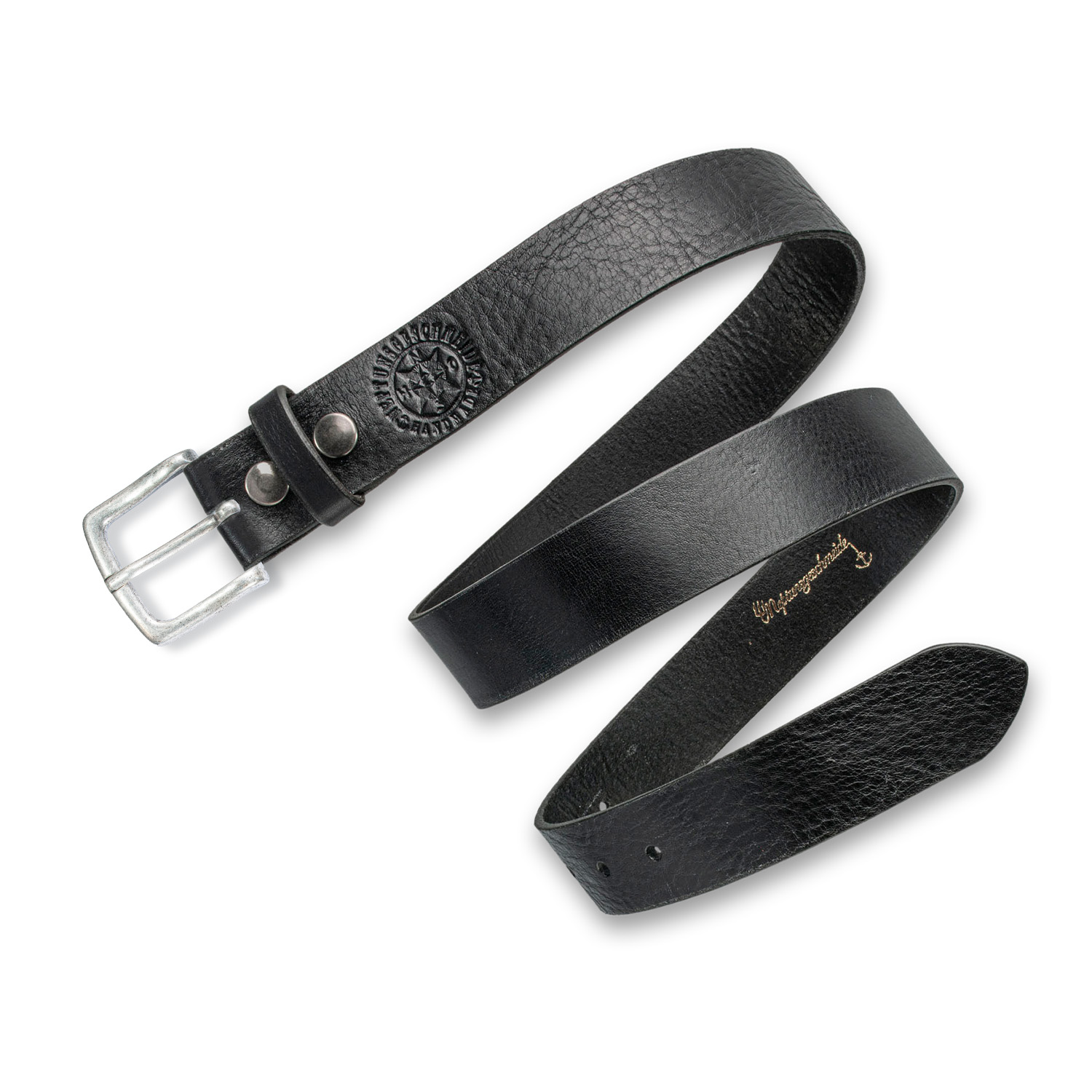 Schlichter Ledergürtel soft schwarz klassik mit Kiel Schnalle von Neptunsgeschmeide. Abbildung des Lederriemens, softe Qualität. 4 cm Breite.
