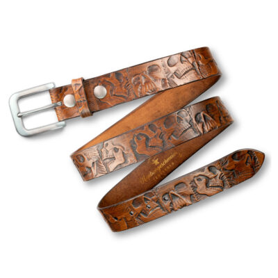 Handgeprägter Ledergürtel,Schnalle Bengel,braun 4 cm, Motiv Totenkopf, von Neptunsgeschmeide.