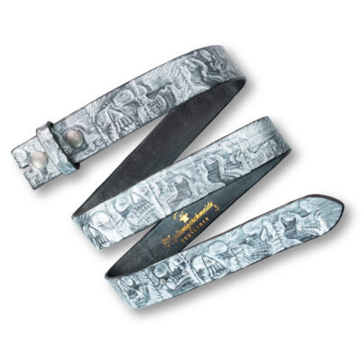 Handgeprägter Wechselgürtel, silber 4 cm, Motiv Totenkopf, von Neptunsgeschmeide.